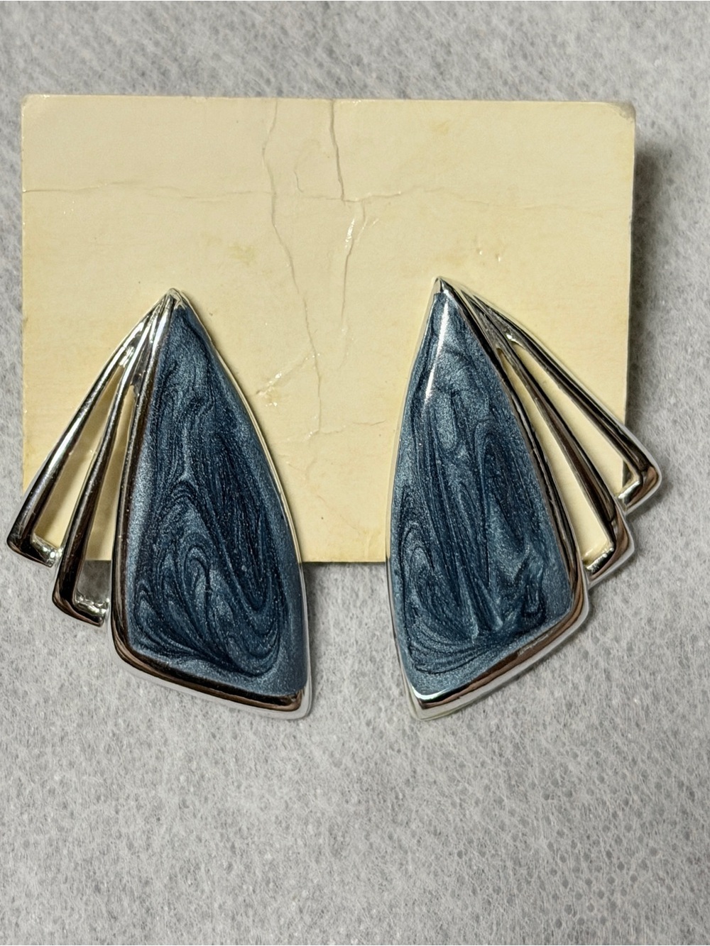 Vintage Silver-Tone Blue Swirled Enamel Fan Earrings